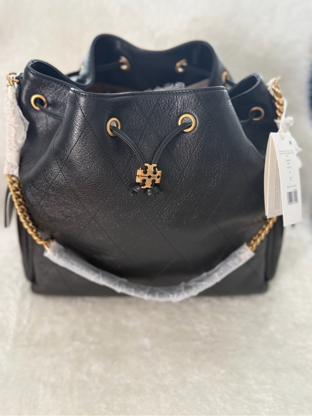 Tory Burch Black Leather Drawstring Shoulder Bag with Gold Hardware